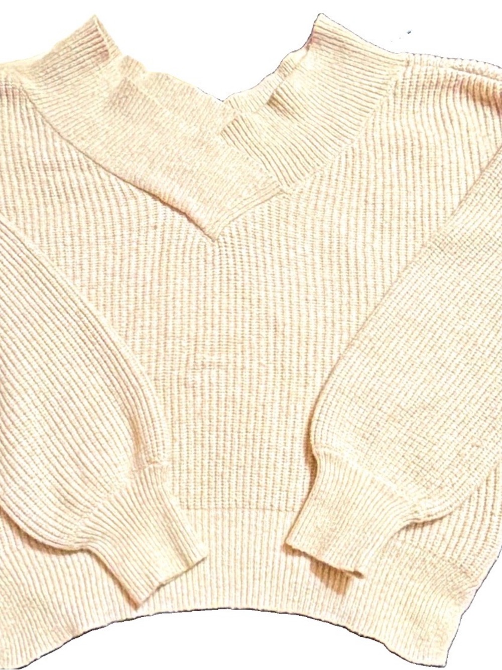 Women’s Classic Ribbed V Neck Sweater - Cream with Cuffed Sleeves Size S